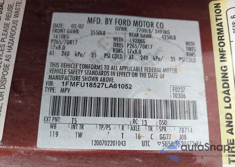 2007 Ford Expedition Eddie Bauer из США, поврежденный, VIN 1FMFU18527LA61052